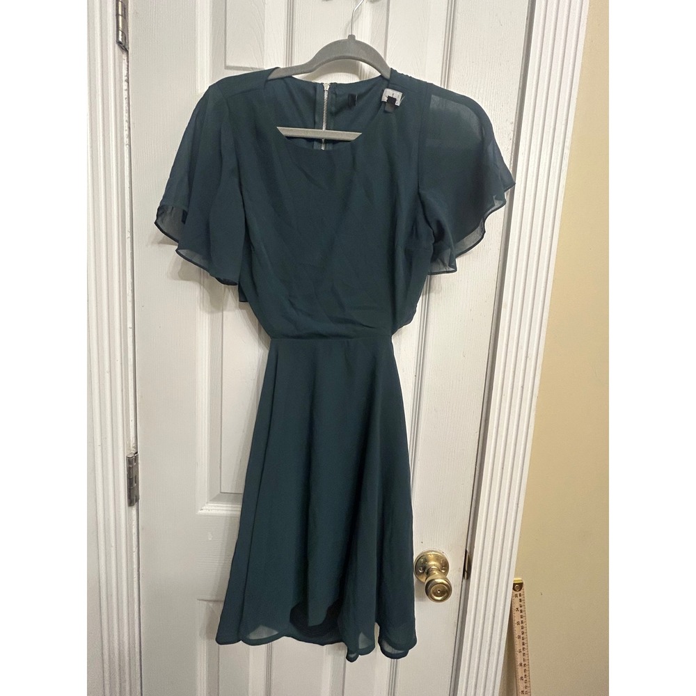 Lulus Hunter Green Flutter Sleeve Back Cutout Chiffon Fit & Flare Mini Dress S